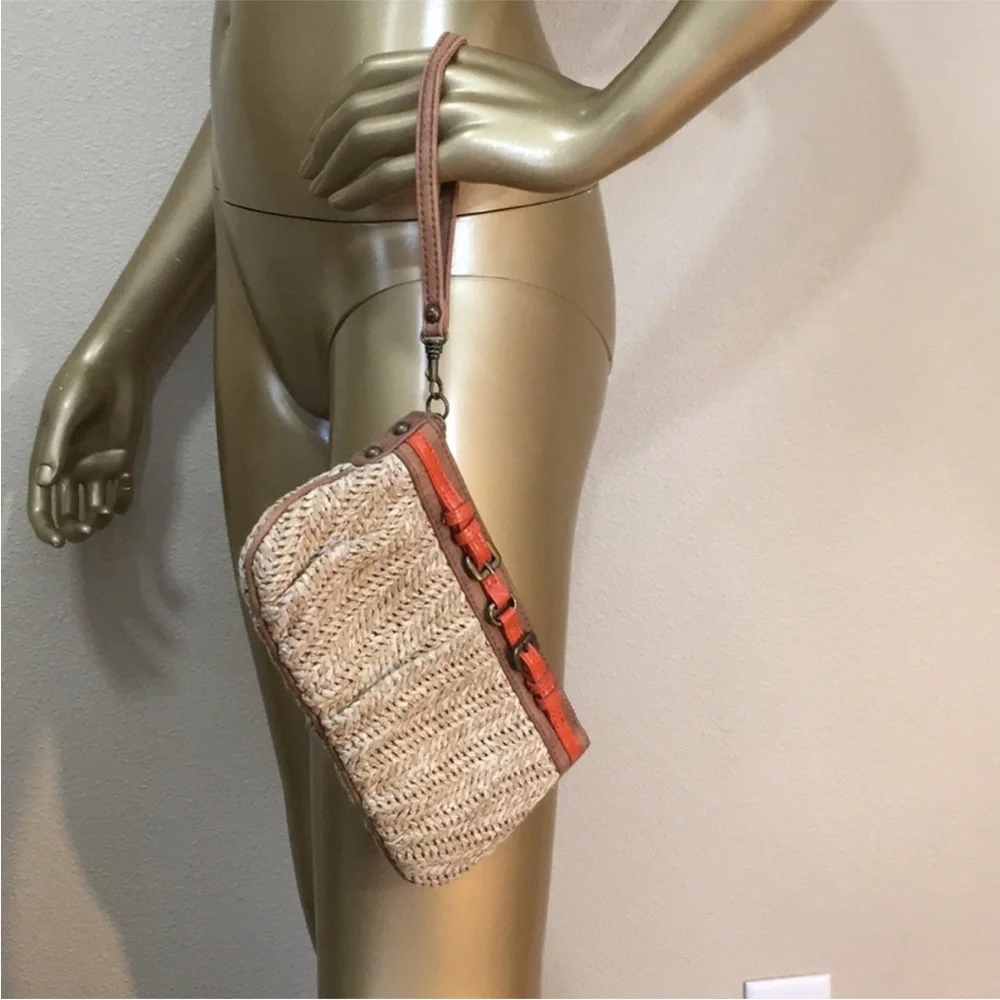 Express Women’s Woven Straw Wrislet Orange Brown Buckle Detail Summer Clutch